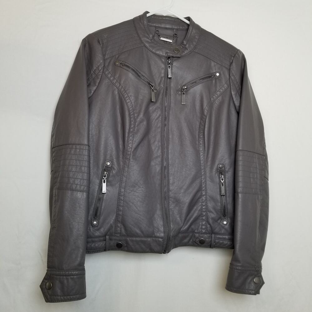 Jou Jou J2 Women's Gray Faux Leather Jacket Lined Zip Up 4 Zip Pockets Size M